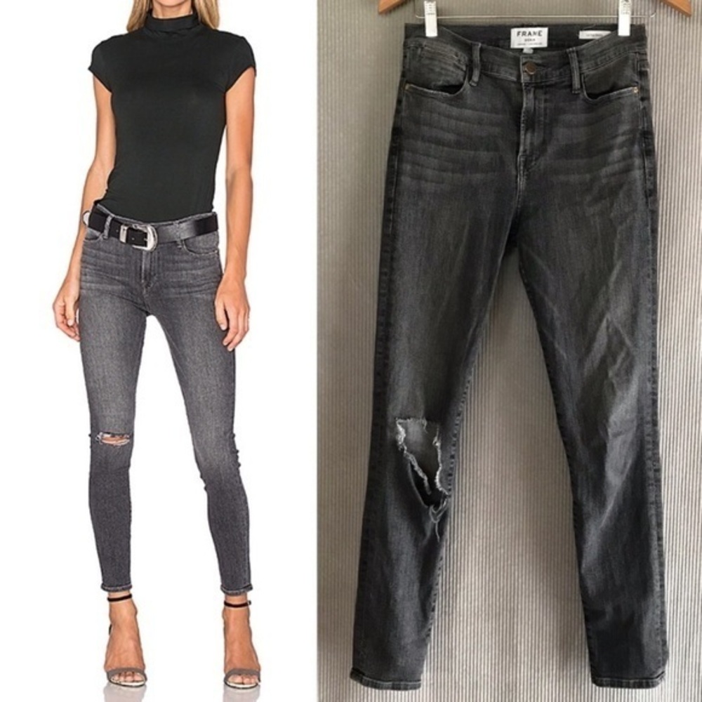 FRAME Le High rise Skinny jeans distressed ripped knee faded black denim w28